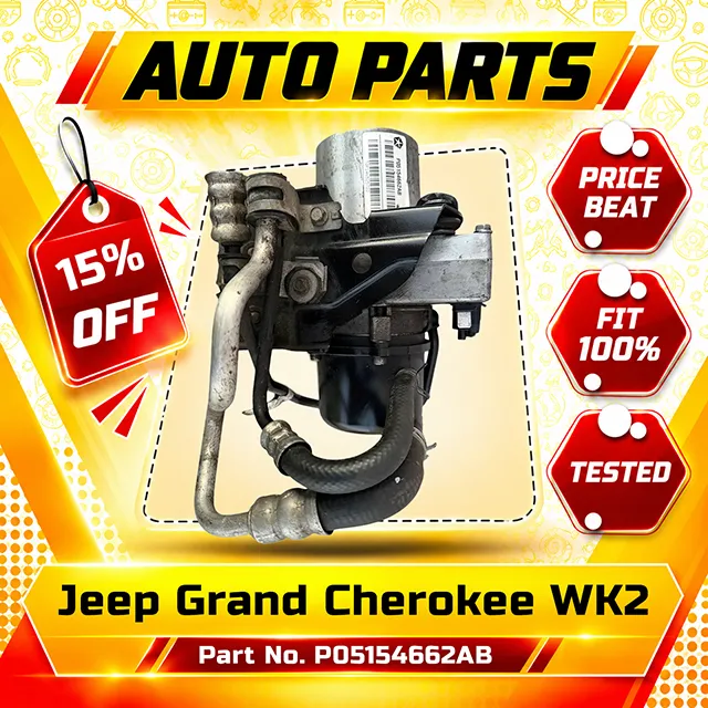 Used Jeep Grand Cherokee WK2 electric hydraulic power steering pump P05154662AB, side view showing hoses and fittings.